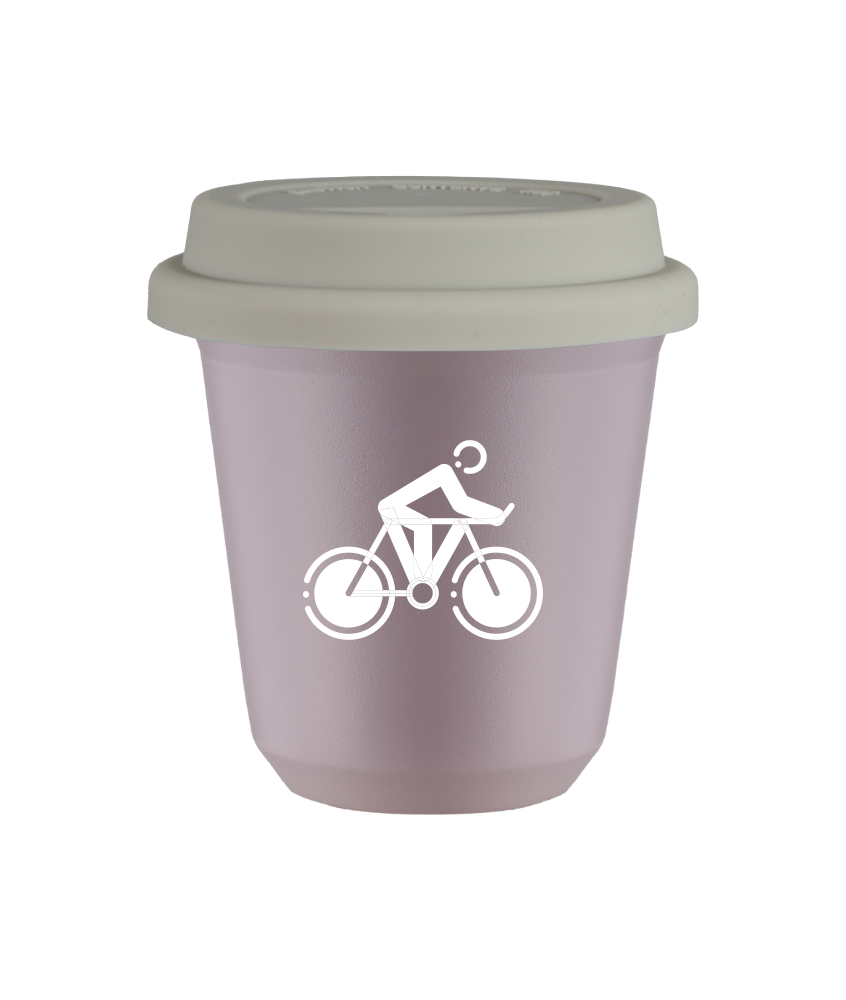 Kubek 80 ml LAWENDOWY "Kolarstwo 2 (biały)", z białą pokrywką