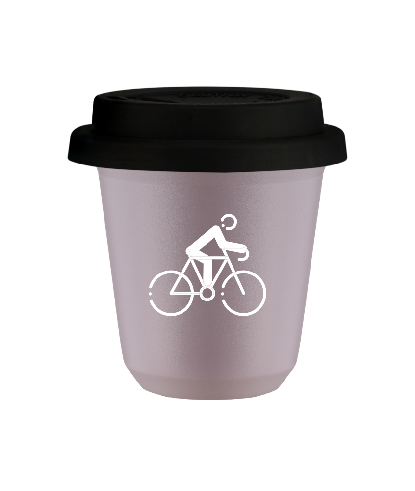 Kubek 80 ml LAWENDOWY "Kolarstwo 3 (biały)", z czarną pokrywką