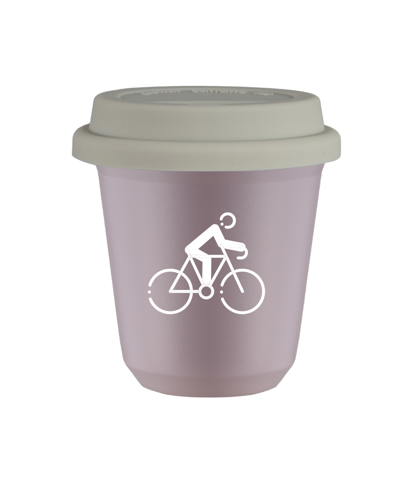 Kubek 80 ml LAWENDOWY "Kolarstwo 3 (biały)", z białą pokrywką
