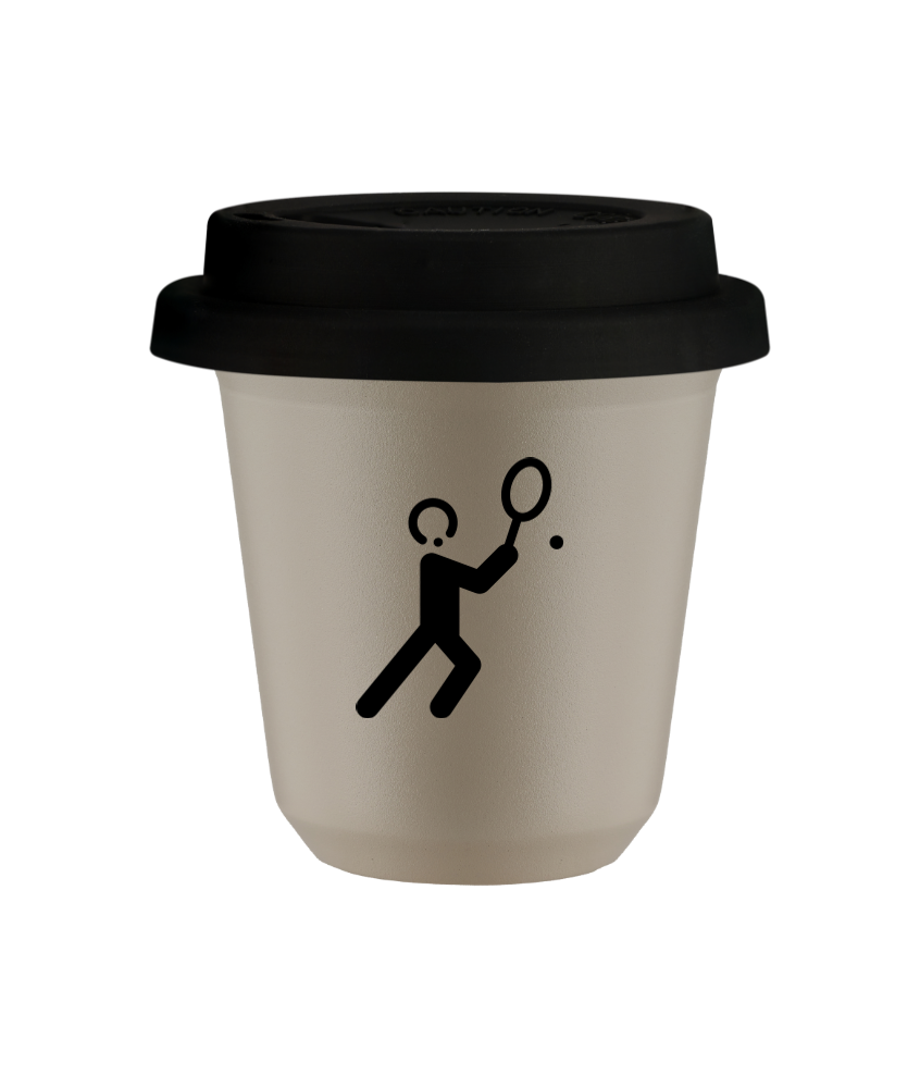 Kubek 80 ml BEŻOWY "Tenis 1 (czarny)", z czarną pokrywką