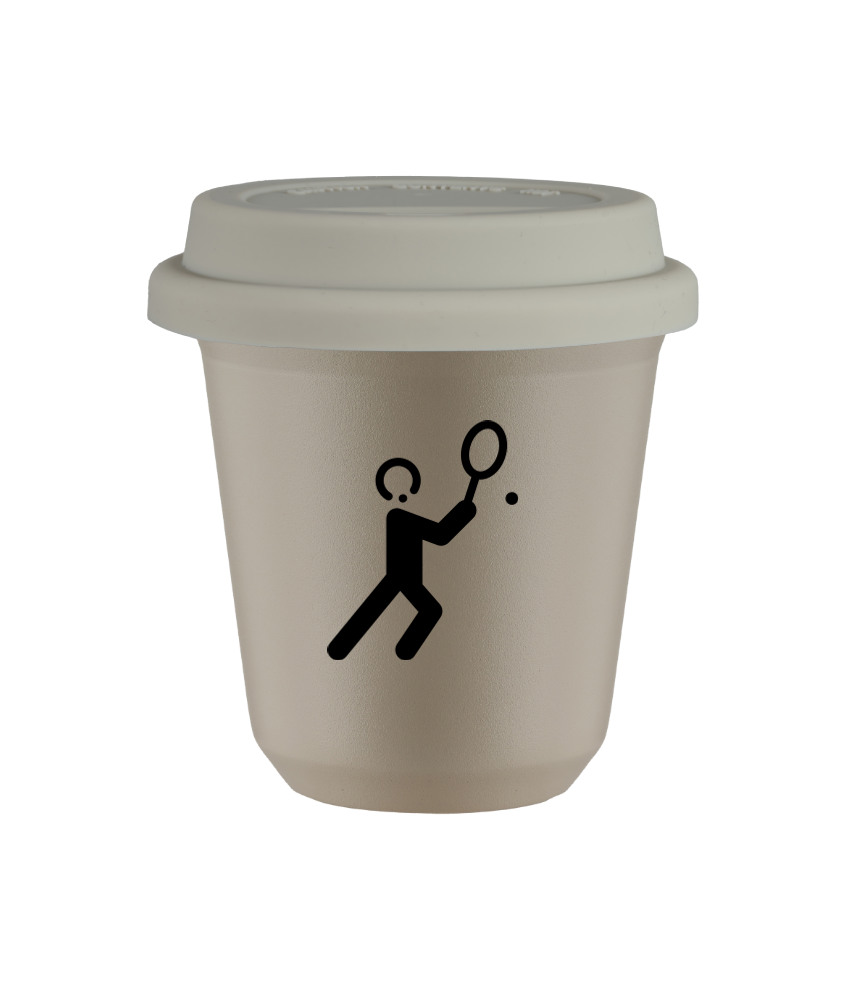 Kubek 80 ml BEŻOWY "Tenis 1 (czarny)", z białą pokrywką
