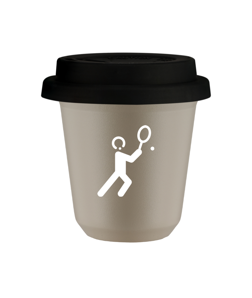 Kubek 80 ml BEŻOWY "Tenis 1 (biały)", z czarną pokrywką