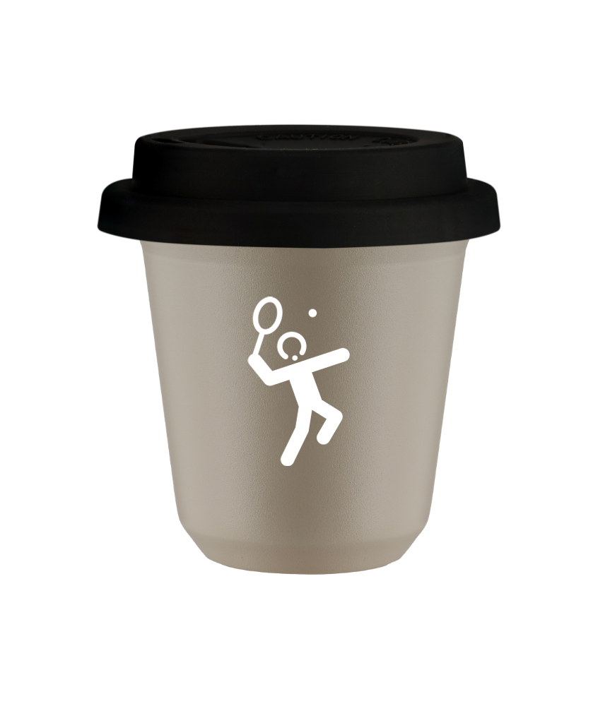 Kubek 80 ml BEŻOWY "Tenis 2 (biały)", z czarną pokrywką Kubek 80 ml BEŻOWY "Tenis 2 (biały)", z czarną pokrywką