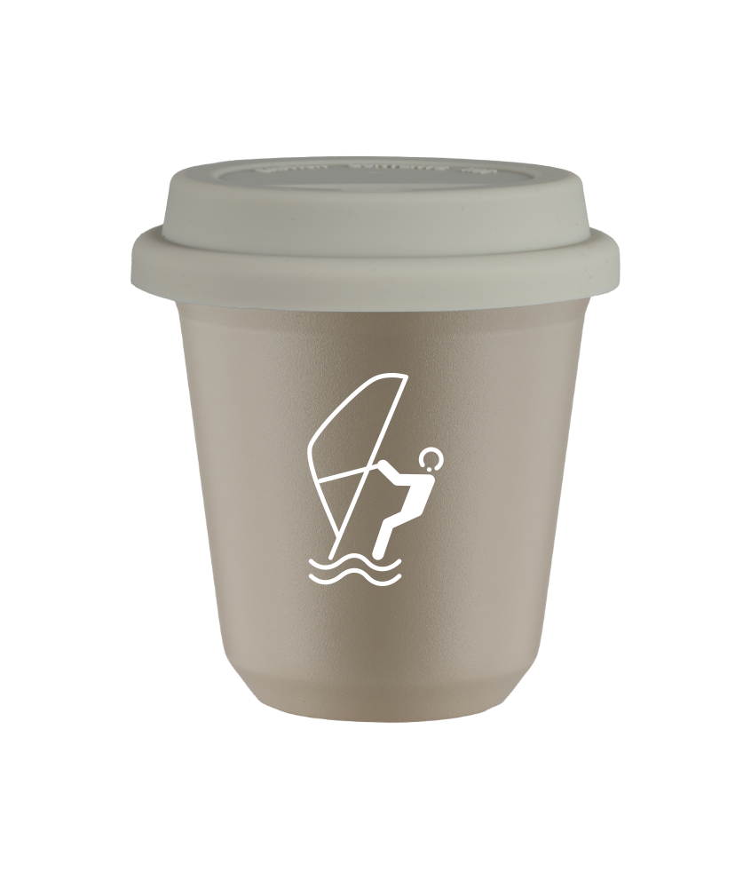 Kubek 80 ml BEŻOWY "Sporty wodne (biały)", z białą pokrywką