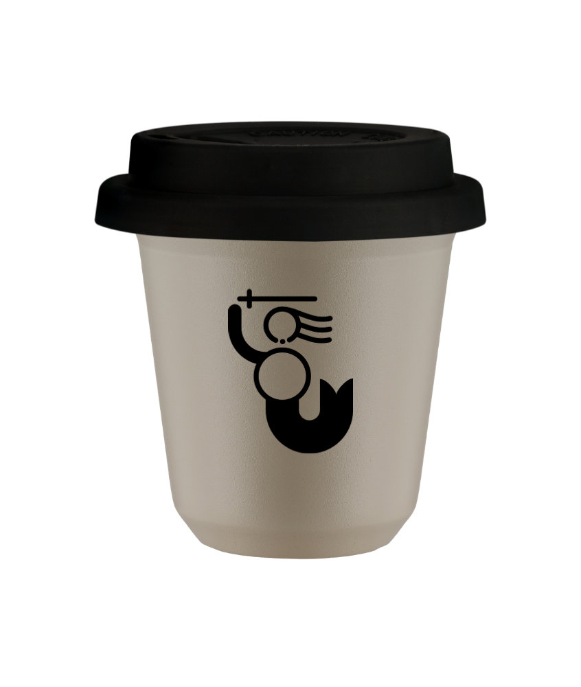 Kubek 80 ml BEŻOWY "WARSZAWSKA SYRENKA (czarny)", z czarną pokrywką