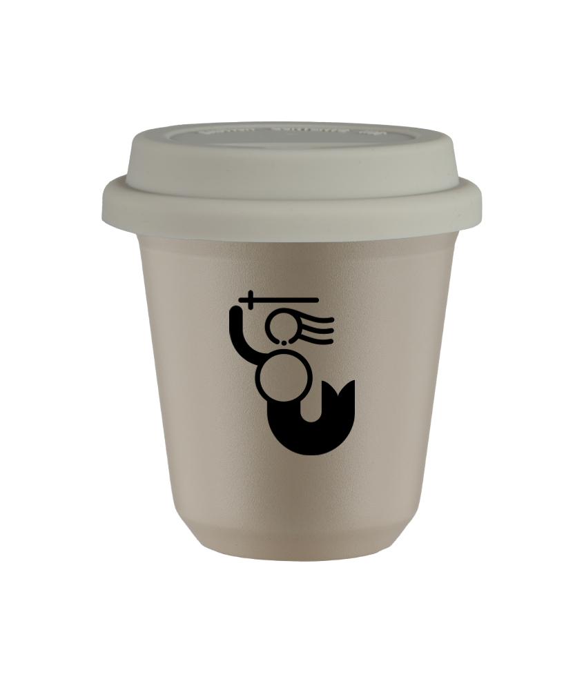 Kubek 80 ml BEŻOWY "WARSZAWSKA SYRENKA (czarny)", z białą pokrywką