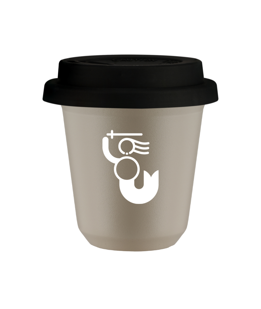 Kubek 80 ml BEŻOWY "WARSZAWSKA SYRENKA (biały)", z czarną pokrywką