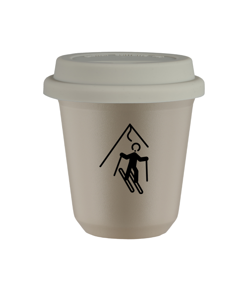 Kubek 80 ml BEŻOWY "Narciarstwo", z białą pokrywką