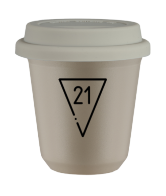 Kubek 80 ml BEŻOWY "21 (czarny)", z białą pokrywką Kubek 80 ml BEŻOWY "21 (czarny)", z białą pokrywką