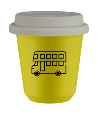 Kubek 80 ml ŻÓŁTY "Autobus (czarny)", z białą pokrywką Kubek 80 ml ŻÓŁTY "Autobus (czarny)", z białą pokrywką