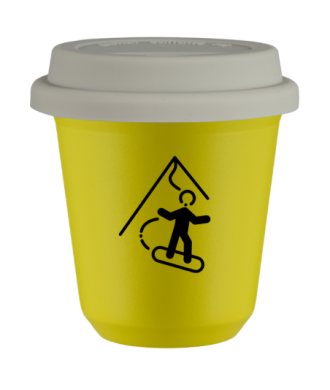 Kubek 80 ml ŻÓŁTY "Snowboard (czarny)", z białą pokrywką Kubek 80 ml ŻÓŁTY "Snowboard (czarny)", z białą pokrywką
