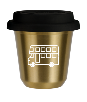 Kubek złoty 80 ml, AUTOBUS (biały) z pokrywką czarną