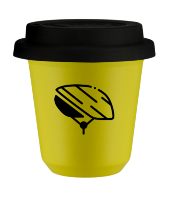 Kubek 80 ml ŻÓŁTY "Kask (czarny)", z czarną pokrywką Kubek 80 ml ŻÓŁTY "Kask (czarny)", z czarną pokrywką