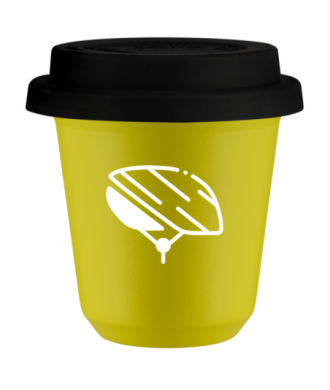 Kubek 80 ml ŻÓŁTY "Kask (biały)", z czarną pokrywką Kubek 80 ml ŻÓŁTY "Kask (biały)", z czarną pokrywką