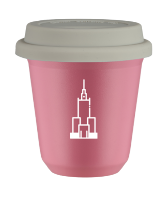 Kubek 80 ml RÓŻOWY "Pałac kultury i nauki (biały)", z białą pokrywką Kubek 80 ml RÓŻOWY "Pałac kultury i nauki (biały)", z białą pokrywką