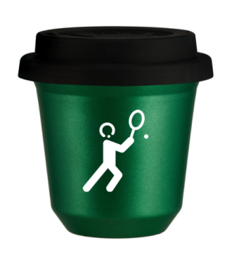 Kubek 150 ml ZIELONY METALIC "Tenis 1 (biały)", z czarną pokrywką Kubek 150 ml ZIELONY METALIC "Tenis 1 (biały)", z czarną pokrywką