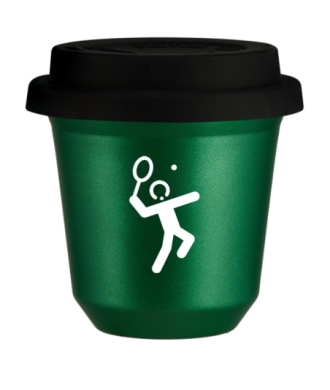 Kubek 150 ml ZIELONY METALIC "Tenis 2 (biały)", z czarną pokrywką Kubek 150 ml ZIELONY METALIC "Tenis 2 (biały)", z czarną pokrywką