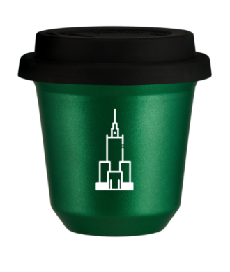 Kubek 150 ml ZIELONY METALIC "Pałac kultury i nauki (biały)", z czarną pokrywką Kubek 150 ml ZIELONY METALIC "Pałac kultury i nauki (biały)", z czarną pokrywką