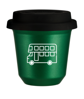 Kubek 150 ml ZIELONY METALIC "Autobus (biały)", z czarną pokrywką Kubek 150 ml ZIELONY METALIC "Autobus (biały)", z czarną pokrywką