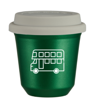 Kubek 150 ml ZIELONY METALIC "Autobus (biały)", z białą pokrywką Kubek 150 ml ZIELONY METALIC "Autobus (biały)", z białą pokrywką