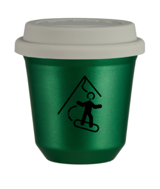 Kubek 150 ml ZIELONY METALIC "Snowboard (czarny)", z białą pokrywką Kubek 150 ml ZIELONY METALIC "Snowboard (czarny)", z białą pokrywką