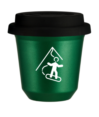 Kubek 150 ml ZIELONY METALIC "Snowboard (biały)", z czarną pokrywką Kubek 150 ml ZIELONY METALIC "Snowboard (biały)", z czarną pokrywką