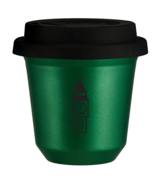 Kubek 150 ml ZIELONY METALIC "BIG BEN (czarny)", z czarną pokrywką Kubek 150 ml ZIELONY METALIC "BIG BEN (czarny)", z czarną pokrywką