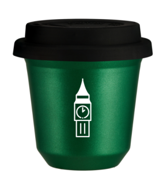 Kubek 150 ml ZIELONY METALIC "BIG BEN (biały)", z czarną pokrywką Kubek 150 ml ZIELONY METALIC "BIG BEN (biały)", z czarną pokrywką