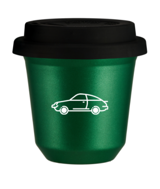 Kubek 150 ml ZIELONY METALIC "Samochód (biały)", z czarną pokrywką Kubek 150 ml ZIELONY METALIC "Samochód (biały)", z czarną pokrywką
