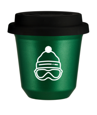 Kubek 150 ml ZIELONY METALIC "Czapka (biały)", z czarną pokrywką Kubek 150 ml ZIELONY METALIC "Czapka (biały)", z czarną pokrywką