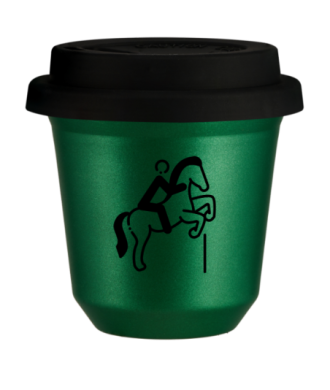 Kubek 150 ml ZIELONY METALIC "Jeździectwo 1 (czarny)", z czarną pokrywką Kubek 150 ml ZIELONY METALIC "Jeździectwo 1 (czarny)", z czarną pokrywką