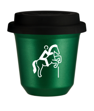 Kubek 150 ml ZIELONY METALIC "Jeździectwo 1 (biały)", z czarną pokrywką Kubek 150 ml ZIELONY METALIC "Jeździectwo 1 (biały)", z czarną pokrywką
