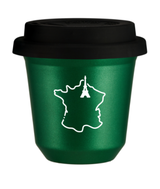 Kubek 150 ml ZIELONY METALIC "Francja (biały)", z czarną pokrywką Kubek 150 ml ZIELONY METALIC "Francja (biały)", z czarną pokrywką