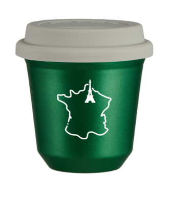 Kubek 150 ml ZIELONY METALIC "Francja (biały)", z białą pokrywką Kubek 150 ml ZIELONY METALIC "Francja (biały)", z białą pokrywką