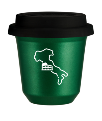 Kubek 150 ml ZIELONY METALIC "Włochy (biały)", z czarną pokrywką Kubek 150 ml ZIELONY METALIC "Włochy (biały)", z czarną pokrywką