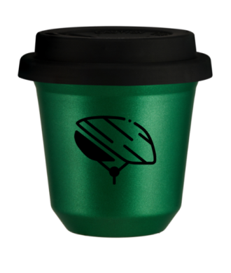 Kubek 150 ml ZIELONY METALIC "Kask (czarny)", z czarną pokrywką Kubek 150 ml ZIELONY METALIC "Kask (czarny)", z czarną pokrywką