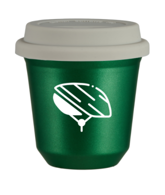 Kubek 150 ml ZIELONY METALIC "Kask (biały)", z białą pokrywką Kubek 150 ml ZIELONY METALIC "Kask (biały)", z białą pokrywką