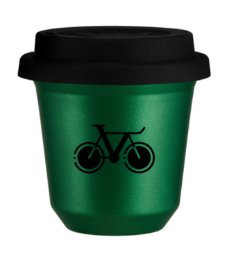 Kubek 150 ml ZIELONY METALIC "Rower 1 (czarny)", z czarną pokrywką Kubek 150 ml ZIELONY METALIC "Rower 1 (czarny)", z czarną pokrywką