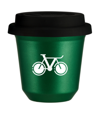 Kubek 150 ml ZIELONY METALIC "Rower 1 (biały)", z czarną pokrywką Kubek 150 ml ZIELONY METALIC "Rower 1 (biały)", z czarną pokrywką