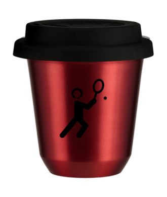 Kubek 150 ml CZERWONY METALIC "Tenis 1 (czarny)", z czarną pokrywką Kubek 150 ml CZERWONY METALIC "Tenis 1 (czarny)", z czarną pokrywką