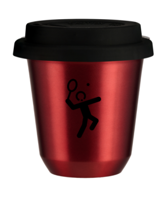 Kubek 150 ml CZERWONY METALIC "Tenis 2 (czarny)", z czarną pokrywką Kubek 150 ml CZERWONY METALIC "Tenis 2 (czarny)", z czarną pokrywką