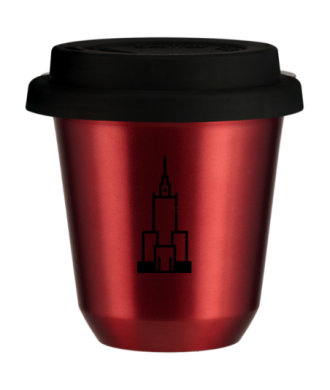 Kubek 150 ml CZERWONY METALIC "Pałac kultury i nauki", z czarną pokrywką Kubek 150 ml CZERWONY METALIC "Pałac kultury i nauki", z czarną pokrywką