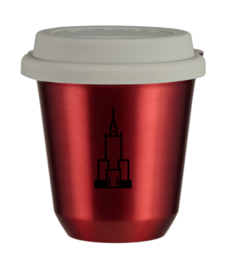Kubek 150 ml CZERWONY METALIC "Pałac kultury i nauki (czarny)", z białą pokrywką Kubek 150 ml CZERWONY METALIC "Pałac kultury i nauki (czarny)", z białą pokrywką