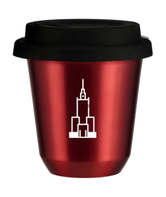 Kubek 150 ml CZERWONY METALIC "Pałac kultury i nauki (biały)", z czarną pokrywką Kubek 150 ml CZERWONY METALIC "Pałac kultury i nauki (biały)", z czarną pokrywką