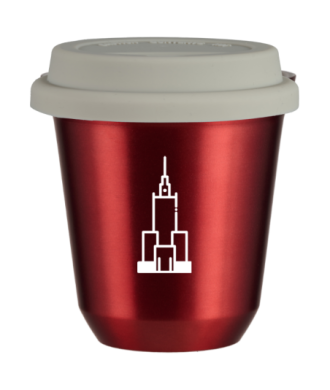 Kubek 150 ml CZERWONY METALIC "Pałac kultury i nauki (biały)", z białą pokrywką Kubek 150 ml CZERWONY METALIC "Pałac kultury i nauki (biały)", z białą pokrywką