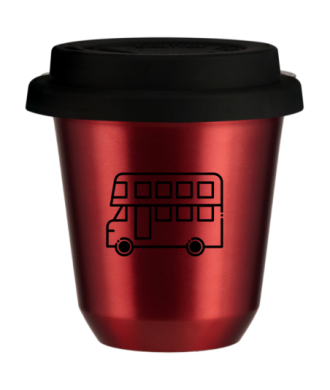 Kubek 150 ml CZERWONY METALIC "Autobus (czarny)", z czarną pokrywką Kubek 150 ml CZERWONY METALIC "Autobus (czarny)", z czarną pokrywką