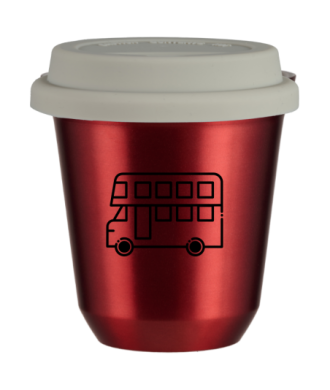 Kubek 150 ml CZERWONY METALIC "Autobus (czarny)", z białą pokrywką Kubek 150 ml CZERWONY METALIC "Autobus (czarny)", z białą pokrywką
