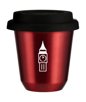 Kubek 150 ml CZERWONY METALIC "BIG BEN (biały)", z czarną pokrywką Kubek 150 ml CZERWONY METALIC "BIG BEN (biały)", z czarną pokrywką