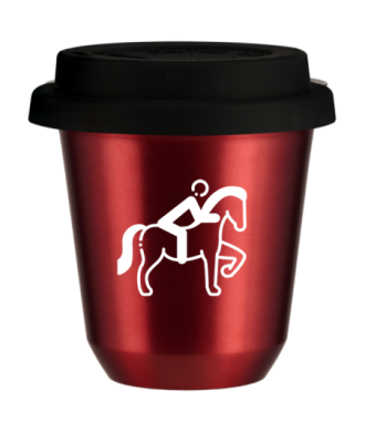 Kubek 150 ml CZERWONY METALIC "Jeździectwo 2 (biały)", z czarną pokrywką Kubek 150 ml CZERWONY METALIC "Jeździectwo 2 (biały)", z czarną pokrywką
