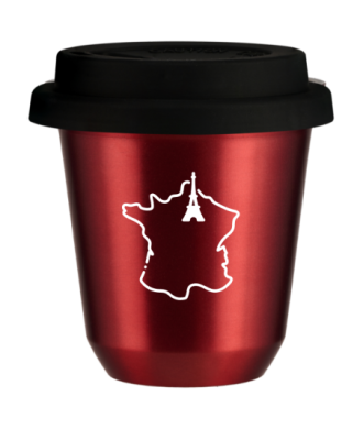 Kubek 150 ml CZERWONY METALIC "Francja (biały)", z czarną pokrywką Kubek 150 ml CZERWONY METALIC "Francja (biały)", z czarną pokrywką
